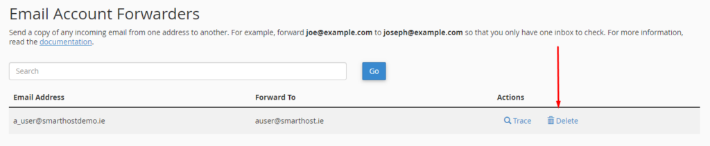 This image shows an example of how to set up an email account forwarder, which will send a copy of any incoming email from one address to another.