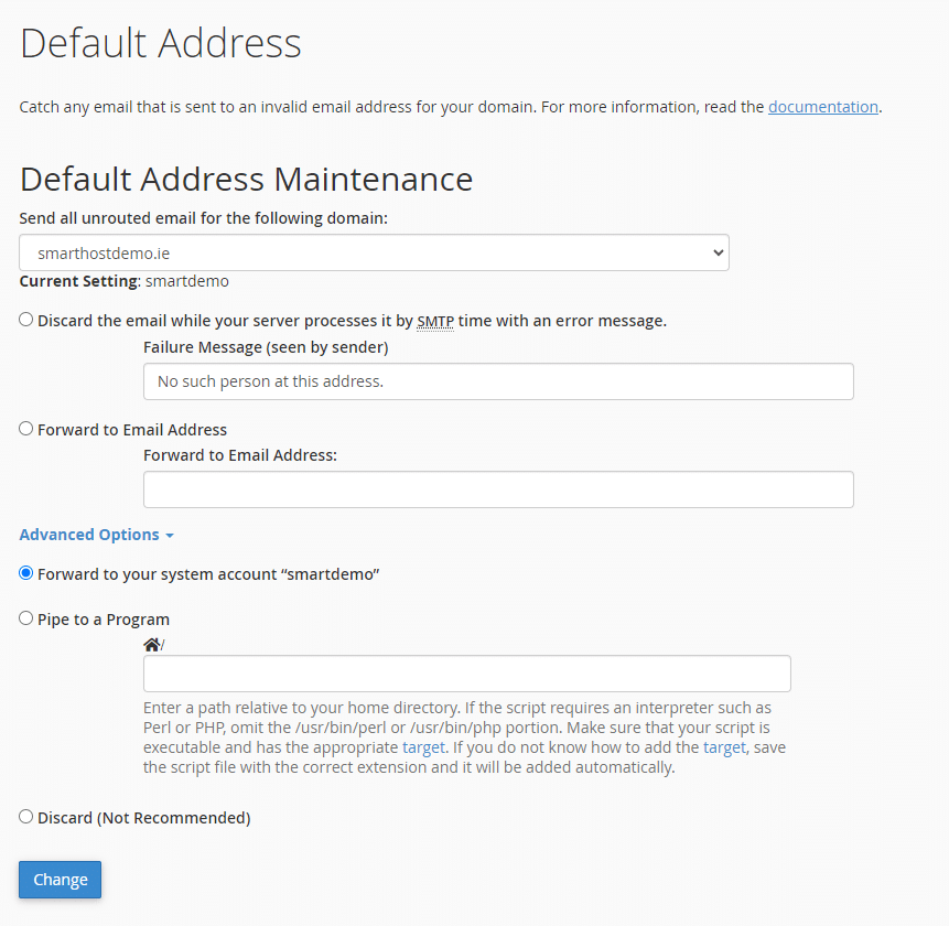 This image is showing how to set up a default address to catch any emails sent to an invalid address for a domain.